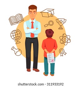 Boy son holding a plus grade exam test paper behind his back wanting to surprise his father. Parenting and education concept with icons. Flat style vector illustration isolated on white background.