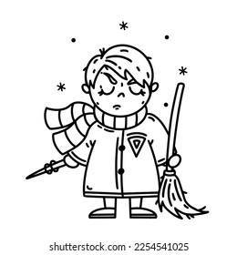 Boy sorcerer coloring page. Student magician in a scarf, holds a magic wand and a broom in his hands. Young evil wizard in a robe. Funny cartoon clipart isolated on white. For cards, prints, web