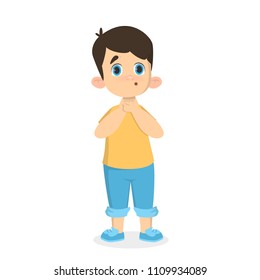 Boy with sore throat standing on white background.