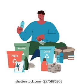 Boy is sorting garbage. Sorting plastic,paper, glass. Zero waste vector concept, template, design for banner, card, poster Sustainable lifestyle concept illustration