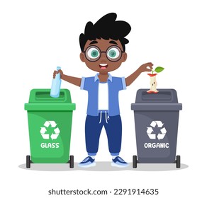The boy sorts garbage, glass and organics