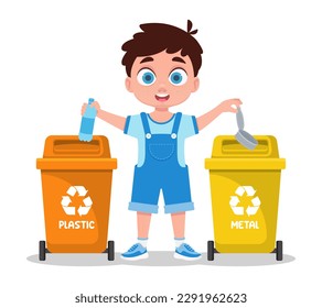 El chico clasifica basura, plástico y metal
