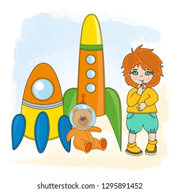 BOY SPACE Children Dream Game Cartoon Vector Illustration Set for Print, Fabric and Design.