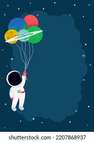 Boy In Space Invitation Template. Astronaut Floating With Planets Like Balloons In Cute Flat Cartoon Style. Colorful Vector Illustration For Baby Boy, Kids Birthday Party Invitation Card Design.