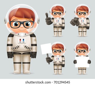 Boy Space Sci-fi Cosmonaut Realistic 3d Cartoon Astronaut Spaceman Icons Set Template Mock Up Vector Design Illustration