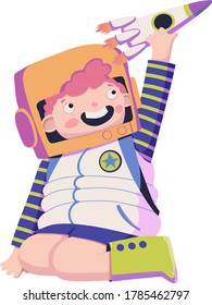 Boy in a spacesuit playing with a rocket vector illustration