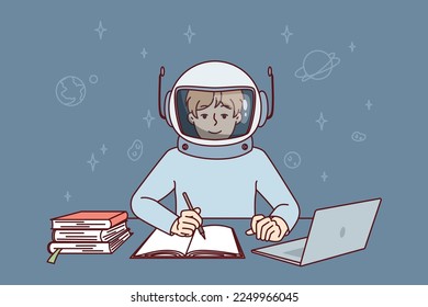 Boy in spacesuit sits at table with laptop and textbooks making notes in workbook. Child astronaut reads stories of conquering space and exploring planets of universe. Flat vector illustration