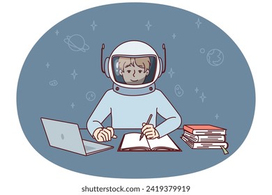 Boy in spacesuit sits at table with laptop and textbooks making notes in workbook. Child astronaut reads stories of conquering space and exploring planets of universe. Flat vector illustration