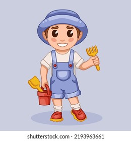 A boy with a spatula and a bucket for the sandbox