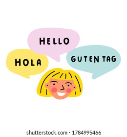 Boy speaking in different languages. Hola, hello, guten tag it's greeting in Spanish, English and German. Multilingual concept. Hand drawn vector illustration on white background.