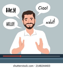 boy speaks various languages, people who have polyglot abilities, teaching online class flat vector illustration character