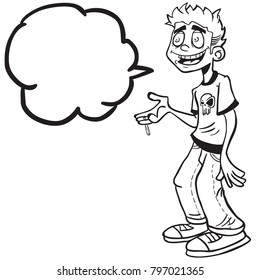 boy with speech bubble smoking a joint cartoon illustration isolated on white