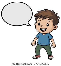 Niño con burbuja de discurso de pie ilustración de dibujos animados