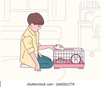 The boy is spending time with the hamster. A hamster cage is placed in the boy's room and he sits in front of the cage. hand drawn style vector design illustrations. 