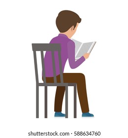 Boy spends time by reading book view from back. Vector illustration of young male person attentively finding out more information from textbook on white. Quiet process of learning and educating