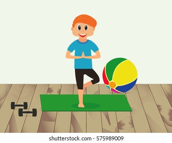 Boy and sport. Kids yoga concept. Vector illustration