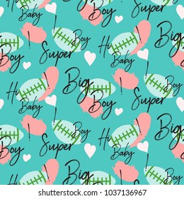 Boy sport seamless vector pattern. Regby ball and words blue motivational repeat background for print.