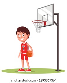 boy in sport uniform on the field with a basketball basket. in the hands of the ball. vector illustration.