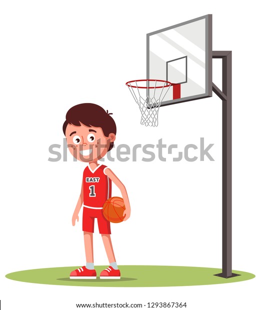 バスケットボールのバスケットと野原でスポーツユニフォームを着た少年 ボールの手にベクターイラスト のベクター画像素材 ロイヤリティフリー