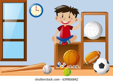 Boy With Sports Gear In His Bedroom