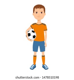 Boy in sports uniform holds ball in his hands. Young athlete isolated on white background. Vector illustration of  soccer player kid in cartoon simple flat style.