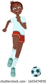 Boy in sports uniform plays football. Vector graphics.