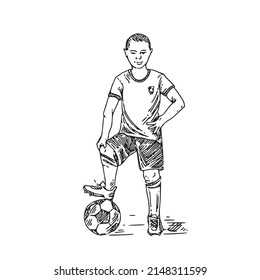 Boy in a sports uniform stands with a soccer ball. Sketch. Engraving style. Vector illustration.