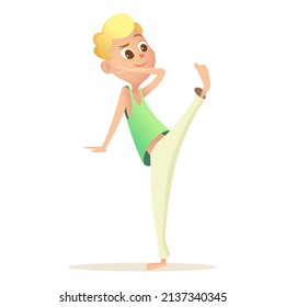 Boy in sports uniform, T-shirt and white pants lifts the leg up. Child with blonde hair doing capoeira. Vector illustration