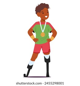 Niño Deportista Con Una Pierna Protésica, Vestido Con Un Uniforme, Lleva Una Medalla Alrededor Del Cuello, Símbolo De Su Valentía Y Resistencia. Campeón o ganador del personaje infantil. Ilustración vectorial de Personas de dibujos animados