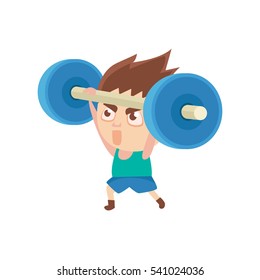 Boy Sportsman Weight Lifting Part Of Child Sports Training Series Of Vector Illustrations