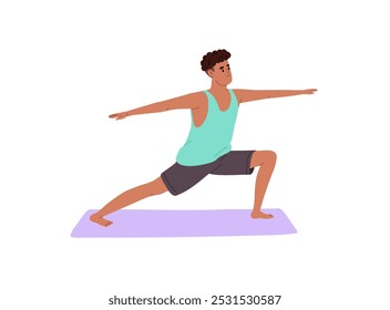 Boy in sportswear practices yoga posture during workout. Young man stands in warrior pose on mat at training. Person does sports exercises. Flat isolated vector illustration on white background