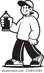 Boy with Spray Can Walking Monochrome Illustration