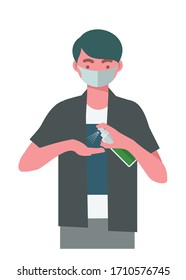 A boy spraying hand sanitizer. Simple flat illustration