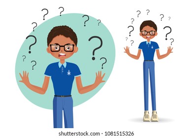 boy spread out her hands in misunderstanding, isolated on white background  vector illustration. 