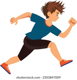 A boy sprints energetically, legs pumping and arms flailing, as he races forward with a determined expression on his face.