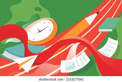 Boy sprints to the finish on the track with paper and books in the background, vector illustration