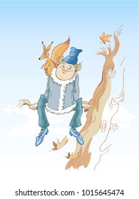 The boy and the squirrel sitting on a tree branch