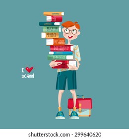 Boy with a stack of books. I love school. Vector illustration