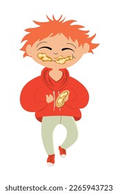 boy stained with peanut butter. the child eats a sandwich with peanut butter. appetizing