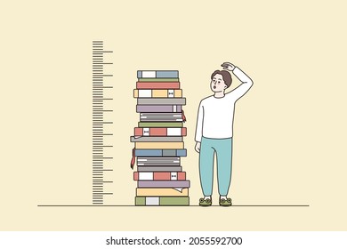 Boy stand near pile of books measuring growth by hand. Guy reading studying and learning with textbooks. Good education, knowledge and achievement concept. Flat vector illustration.