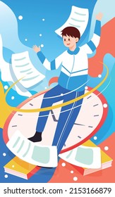 Boy standing above the clock with paper and books in the background, vector illustration
