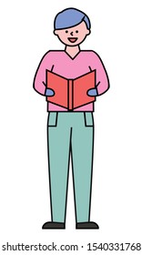 Boy standing alone and singing. Young man sing Christmas carol songs or prayer. Guy read text of song from vector red book. Person with blue hair in shirt and pants isolated on white background