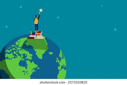 Boy standing atop a globe balanced on a stack of books, reaching for a shining star. Symbols of dreams, ambition, education, learning, personal growth, and achievement