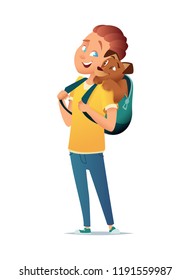 The boy is standing with a backpack on his back, in his backpack is a dog. Friendship of the child and the dog. Vector illustration