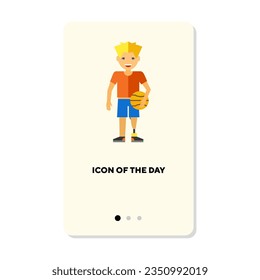 Boy standing with ball icon. Summer, playing, fun isolated vector sign. Sport and activity concept. Vector illustration symbol elements for web design and apps