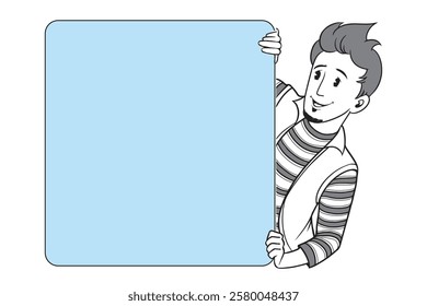 A boy standing behind a blue board peeking and pointing to an empty banner with a finger, A young boy illustration character kid peeking over a background sign and pointing.