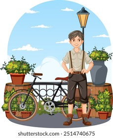 A boy standing beside his bicycle outdoors