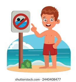 The boy is standing beside the information board no swimming