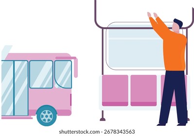 O menino está parado no ônibus, segurando-se no trilho, sua mochila pendurou sobre um ombro, enquanto olhava pela janela ao passar pelo cenário