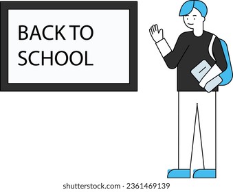 The boy is standing by the school board.
